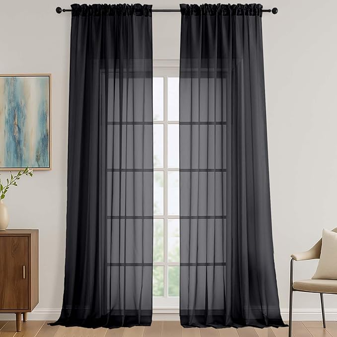 OVZME Black Sheer Curtains 108 Inches Long 2 Panels Set, 59 Inch Extra Wide Lightweight Airy Black Sheer Curtain for Living Room Bedroom, Filmy Voile Rod Pocket, 59Wx108L Inches
