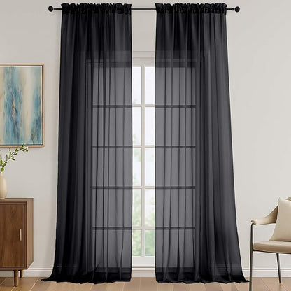 OVZME Black Sheer Curtains 108 Inches Long 2 Panels Set, 59 Inch Extra Wide Lightweight Airy Black Sheer Curtain for Living Room Bedroom, Filmy Voile Rod Pocket, 59Wx108L Inches