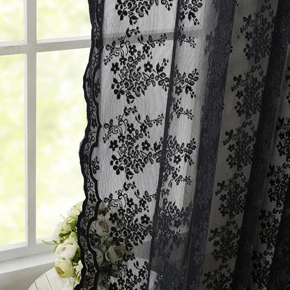YJ YANJUN Vintage Lace Curtains 108 Inches Long- Victorian Floral Pattern Black Sheer Curtain Panels for Living Room Bedroom,Light Filtering, Gothic Witchy Halloween Drapes 2 Panels 52W x 108L