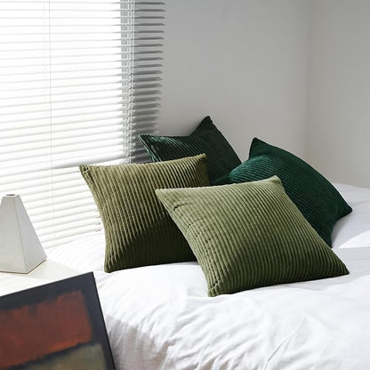 Topfinel Dark Green Euro Shams Decorative Throw Pillow Covers 22x22 Inch Set of 4,Soft Corduroy Striped Gradient Color Large Cushion Cover for Beach,Patio,Balcony,Living Room,Summer Home Decor