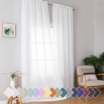 Simplebrand Sheer White Curtains 96 Inches Long, Light Filtering Rod Pocket Solid Color Window Sheer Curtain Panels, Elegant Curtains & Drapes for Living Room, Bedroom 2 Panels (White, 42" W x 96" L)