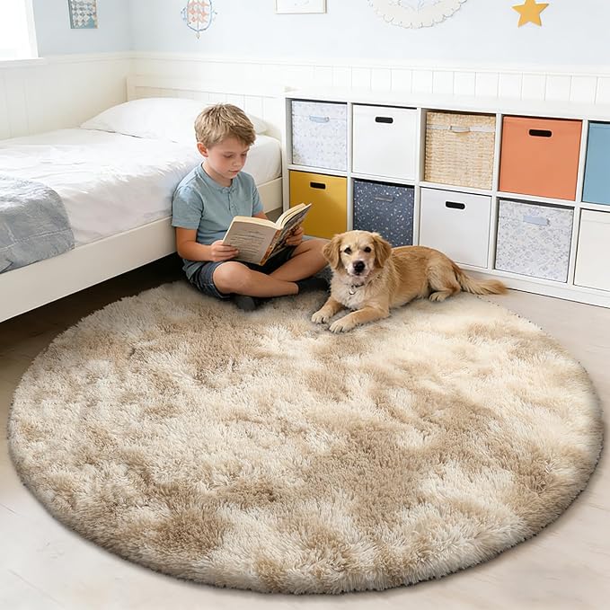 Tie-Dyed Beige Fluffy Round Rug,Soft Area Rugs for Girls Room,Shaggy Rugs 3'X3' for Living Room,Non Slip Circle Rug for Kids Bedroom,Shag Plush Nursery Carpets,Fuzzy Rug for Dorm,Room Decor Carpet