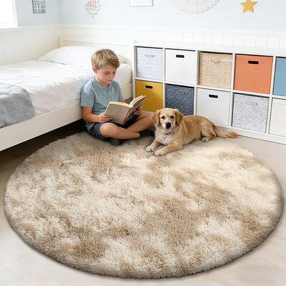 Fluffy Round Rug,Soft Area Rugs for Girls Room,Shaggy Rugs 5'X5' for Living Room,Non Slip Circle Rug for Kids Bedroom,Shag Plush Nursery Carpets,Fuzzy Rug for Dorm,Room Decor Carpet,Tie-Dyed Beige