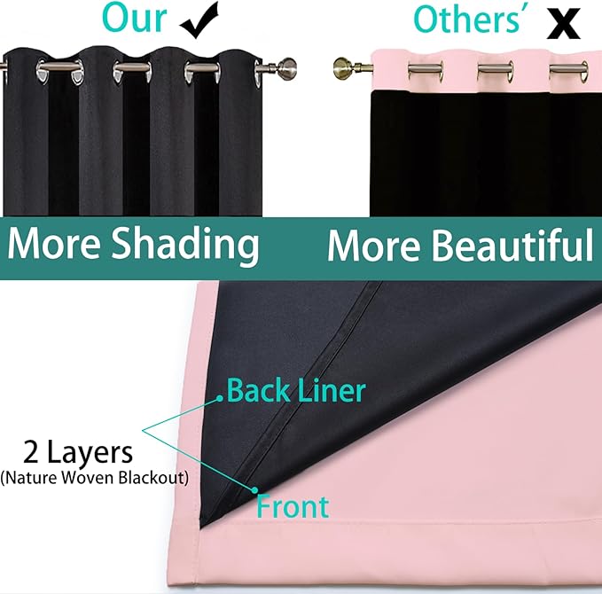 Yakamok 100% Blackout Curtains 84 Inches Long, 2 Thick Layers Heat and Full Light Blocking Soft Thermal Insulated Drapes for Bedroom(52" Wide Each Panel, Pink, 1 Panel)