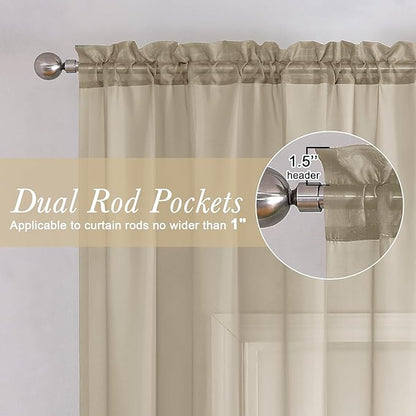 Lecloud Taupe Sheer Curtains 63 Inch Length 2 Pcs, Light Filtering Rod Pockets Window Curtains for Bedroom, Soft Voile Home Drapes for Living Room Bathroom Home Office, Each Panel 59" W x 63" L