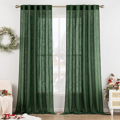 MIULEE Emerald Green Linen Curtains 120 Inches Long for Bedroom Living Room, Christmas Soft Thick Linen Textured Window Drapes Semi Sheer Light Filtering Back Tab Rod Pocket Burlap Look, 2 Panels