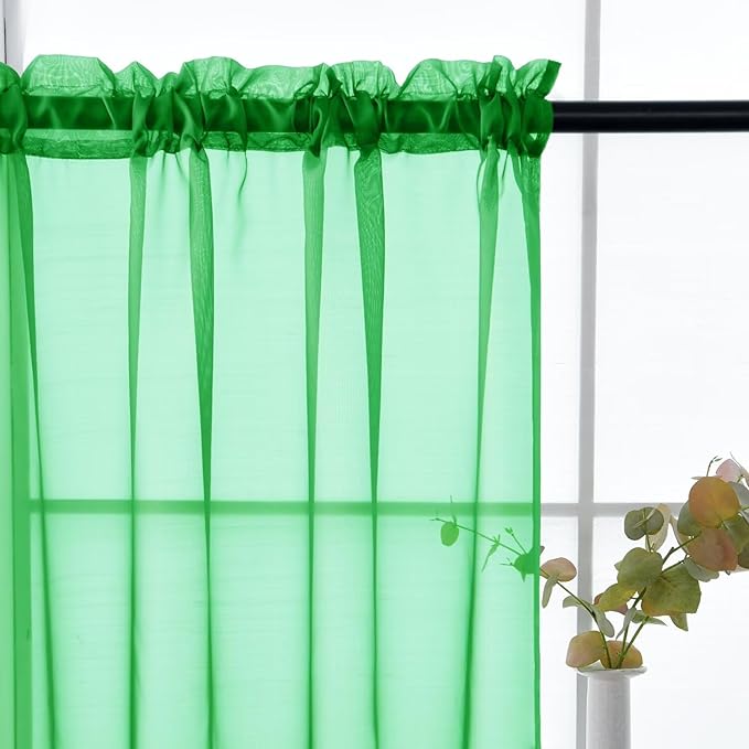 youleyar Solid Sheer Rod Pocket Curtain Voile Draperies 2 Panels White Beige Black Ivory Coffee 26 Inch Width 40 Inch Long 1 Pair for Kitchen Bedroom Children Living Room Yard(Green,26W x 40L)