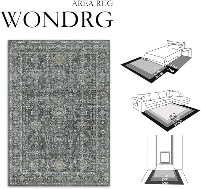 8x10 Washable Area Rug for Living Room Bedroom Vintage Black Grey Non Slip Carpet Traditional Retro Soft Low Pile Large Throw Rug for Dining Room Kitchen Office Indoor