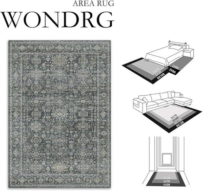 8x10 Washable Area Rug for Living Room Bedroom Vintage Black Grey Non Slip Carpet Traditional Retro Soft Low Pile Large Throw Rug for Dining Room Kitchen Office Indoor