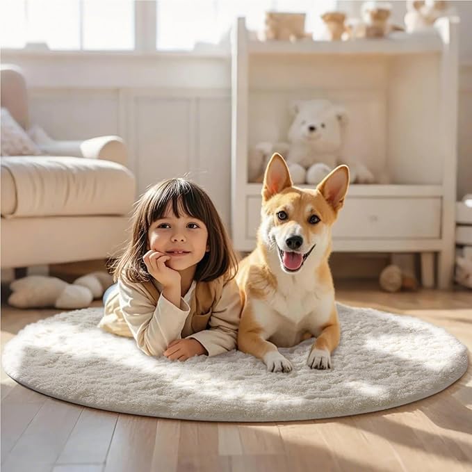 Ophanie Round Rug 3Ft Ivory Circle Area Rugs, Fluffy Fuzzy Small Bedroom Carpet 3 Foot, Plush Shag Floor Cream Living Room Circular Aesthetic Decor for Kids Teen Boys Baby Girls, Nursery,Classroom