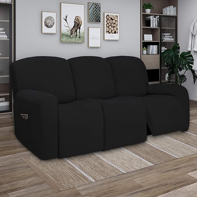 PureFit Super Stretch 3 Seats Recliner Chair Sofa Couch Cover with Pocket – Non Slip Soft Sofa Slipcover, Washable Spandex Reclining Furniture Protector for Kids, Pets (Recliner Sofa, Black)