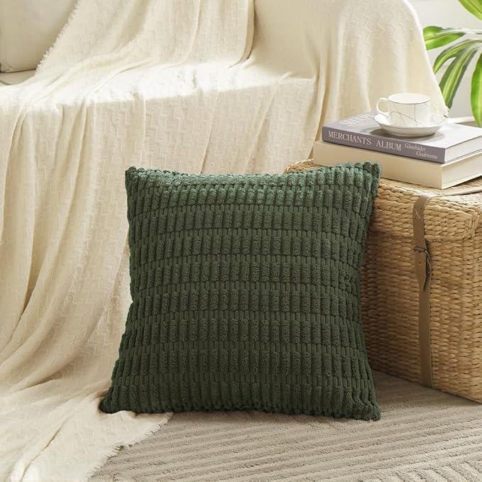 Fancy Homi 4 Packs Boho Olive Green Decorative Throw Pillow Covers 24x24 Inch for Couch Bed Sofa, Rustic Modern Farmhouse Home Decor, Soft Plush Corduroy Cute Square Cushion Case 60x60 cm