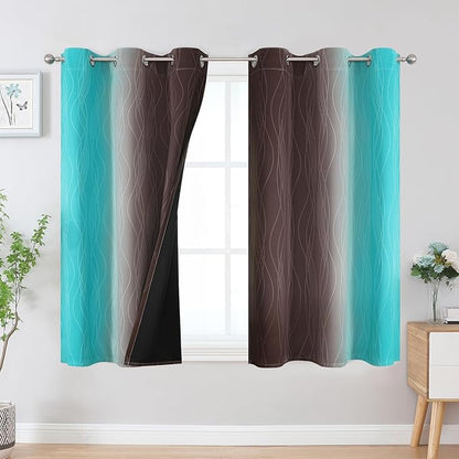 Estelar Textiler Brown and Teal Ombre Blackout Curtains 45 Inch Length 2 Panels, Full Room Darkening Gradient Drapes for Kitchen, Thermal Insulated Grommet Short Curtains for Bathroom, 42Wx45L