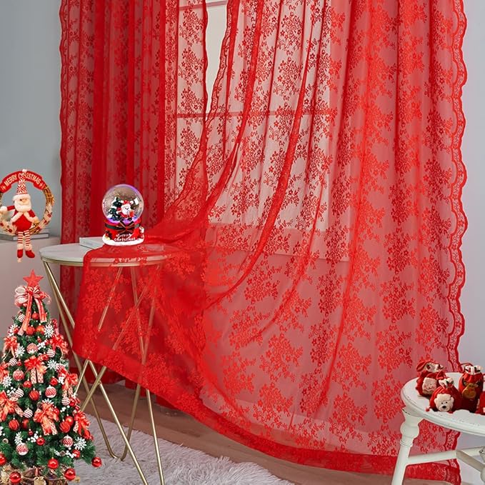 YJ YANJUN Vintage Lace Curtains 84 Inches Long-Victorian Floral Pattern Red Sheer Curtain Panels for Living Room Bedroom,Light Filtering, Xmas Gift for Holiday Decor 2 Panels 52W x 84L