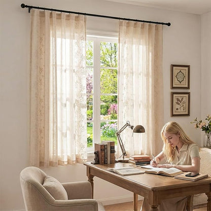jinchan Evelyn Embroidered Linen Curtains 63 inch Floral Curtains for Living Room Bedroom Farmhouse Cottagecore Semi Sheer Light Filtering Window Drapes Rod Pocket Back Tab 2 Panels W50 x L63 Ivory