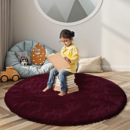 Super Soft Circle Rugs for Girls Princess Castle Toddlers Play Tent 5 Diameter Circular Area Rugs for Kids Bedroom Baby Room Decor Round Shag Playhouse Carpets(Φ5, Burgundy)
