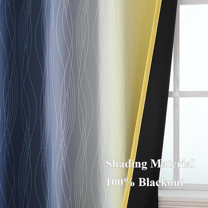 Estelar Textiler Navy Blue and Yellow Ombre Blackout Curtains 54 Inch Length 2 Panels, Full Room Darkening Gradient Drapes for Kitchen, Thermal Insulated Grommet Short Curtains for Bedroom,42Wx54L
