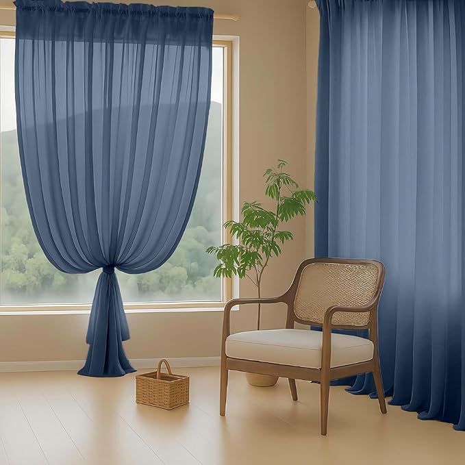 Navy Blue Sheer Curtains for Window 96 Inches Long 2 Panels, Soft Airy Light Filtering Voile Sheer Curtains for Living Room Bedroom, Dual Rod Pocket Elegant Window Drapes, 2x42Wx96L Inches