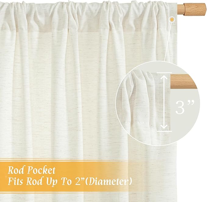 LAMIT Natural Linen Blended Curtains 63 Inch for Bedroom, Light Filtering Semi Sheer Living Room Curtains Farmhouse Boho Rod Pocket Privacy Drapes for Dining Room, 2 Panels (52 x 63 Inch, Cream)