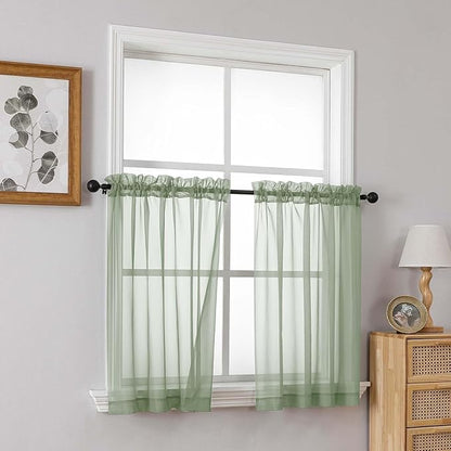 Sage Green Sheer Curtains Tier 30 Inches Length 2 Panels, Light Filtering Lightweight Soft Window Treatments Drapes, Cute Elegant Cafe Curtains for Nursery, Dual Rod Pocket, 2x42Wx30L Inches