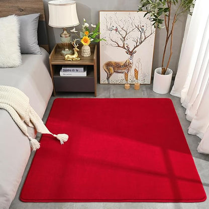 Amearea 5x5 Square Area Rugs for Bedroom Living Room, Modern Red Thickened Memory Foam Rug, Fluffy Indoor Washable Rugs Non Slip Minimalist Carpet for Kids Boys Girls Dorm Nursery Room Decor