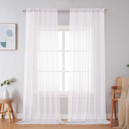 Simplebrand Sheer White Curtains 96 Inches Long, Light Filtering Rod Pocket Solid Color Window Sheer Curtain Panels, Elegant Curtains & Drapes for Living Room, Bedroom 2 Panels (White, 59" W x 96" L)