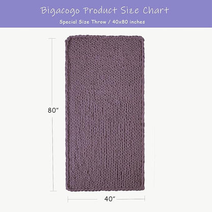 Bigacogo Chunky Knit Throw Blanket for Couch, 40x80 inches, 100% Hand Knitted with Thick Jumbo Chenille Yarn, Cozy Soft Large Rope Knot Cable Crochet Blankets for Sofa Bed Living Room, Winter Grape