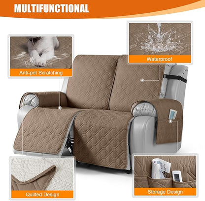 VANSOFY Waterproof Recliner Couch Covers, Sofa Covers 1-Piece Washable Reclining Sofa Cover Non-Slip Furniture Protector with Elastic Straps Pocket for Dogs, Pets(Light Brown,2 Seater)