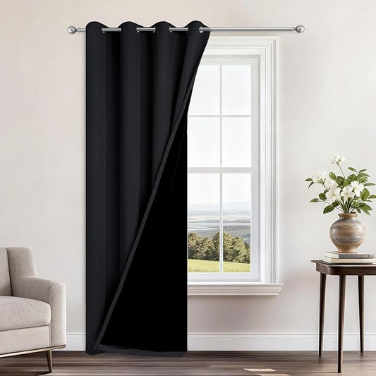 Yakamok 84 Inch Length 100% Blackout Curtains for Bedroom, 2 Thick Layers Thermal Insulated Grommet Total Blackout Drapes with Black Liner for Living Room (52Wx84L,Black, 1 Panel)