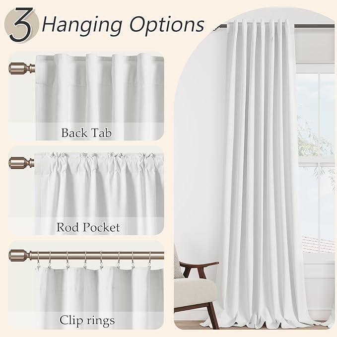 Guken White 100% Blackout Linen Curtains 52 Inch Wide by 106 Inch for Living Room Bedroom Back Tab/Rod Pocket Thermal Insulated Black Out Linen 2 Drapes Room Darkening Window Curtains