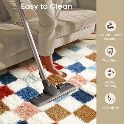 Ophanie Checkered Rainbow Rug for Living Room Bedroom,Colorful Fluffy Soft Cute Fuzzy Area Rugs, Shag Plush Shaggy Bedside Floor 4x6 Furry Carpet for Kids Baby Teen Dorm Nursery Home Decor Aesthetic