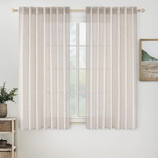 MIULEE White Linen Curtains 54 Inch Length 2 Panels for Bedroom Living Room, Soft Thick Linen Textured Natural Short Window Drapes Semi Sheer Light Filtering Back Tab Rod Pocket Burlap Look Decor