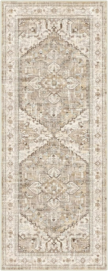 Yamaziot Washable Runner Rug, 2x5 Non-Slip Boho Vintage Hallway Rug Runner with Rubber Backing, Stain Resistant Faux Wool Distressed Carpet Runner for Kitchen, Laundry, Entrance, Beige Brown