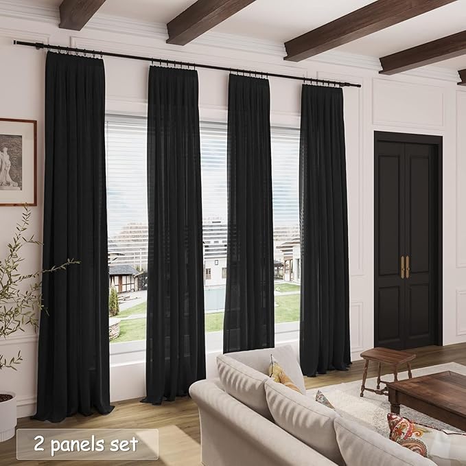 Nanspring Linen Curtains 84 Inch Length for Living Room Bedroom Black Simple Modern Semi Sheer Curtains Set Back Tab Rod Pocket Cotton Textured Privacy Drapes 60x84, 2 Panels