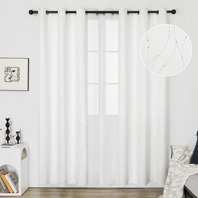 Deconovo White Curtains, Room Darkening Curtain, Thermal Insulated Soundproof Drapes, Wave Dots Silver Print, 38 x 36 Inch Long, Grommet Top, Window Panels for Living Room Bedroom Kitchen, Set of 2
