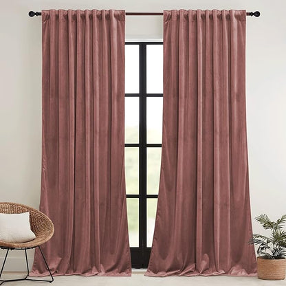 RYB HOME Pink Velvet Curtains 102 inches with Hook Belt, Soft Fabric Room Darkening Thermal Insulated Luxurious Home Decor Curtains for Living Room Bedroom, W 52" x L 102", 2 Panels Set