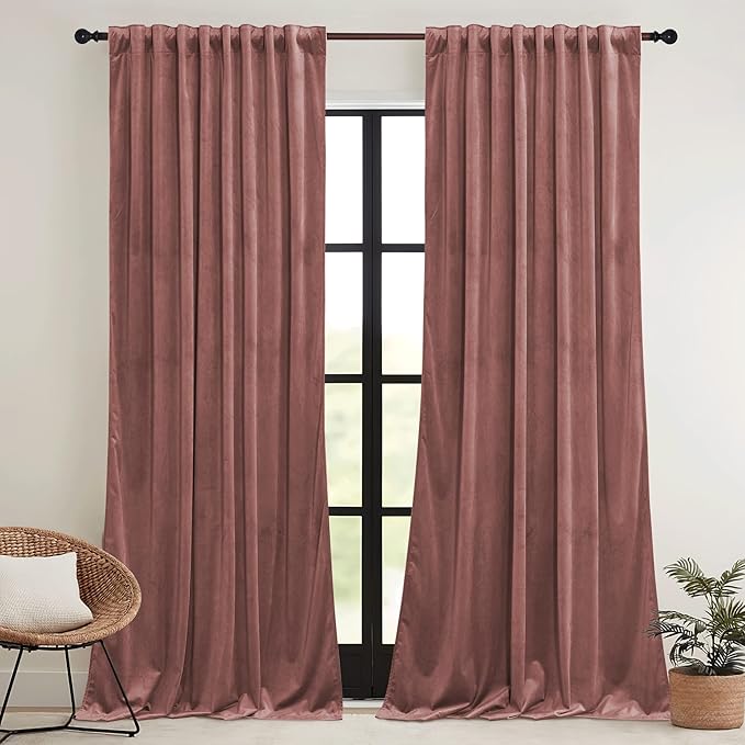 RYB HOME Dusty Pink Velvet Curtains 108 inch, Darkening Window Curtains for Living Room Energy Efficient Backdrop Festival Decor for Girls Bedroom Dining Room, Wild Rose, W52 x L108 inch, 2 Panel