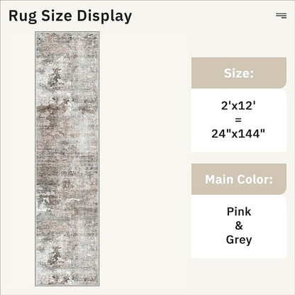 Runner Rug 2x12 Washable Non-Slip Hallway Runner Rugs for Kitchen Bathroom Laundry Room Pink/Grey Vintage Floor Carpet Runners for Hallways Entryway