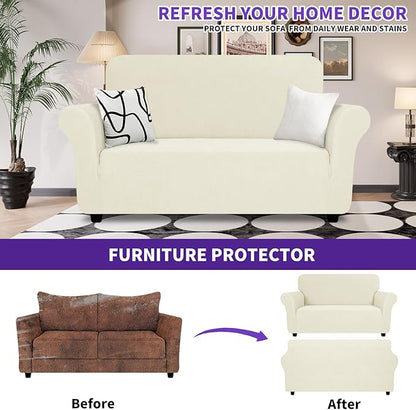 ZNSAYOTX Super Stretch Loveseat Covers (57"-70"), New Striped Love Seat Slipcover, Dogs Pet Friendly Anti-Slip Couch Protector Spandex Durable 2 Seater Fabric Sofa Cover (Beige, Loveseat)