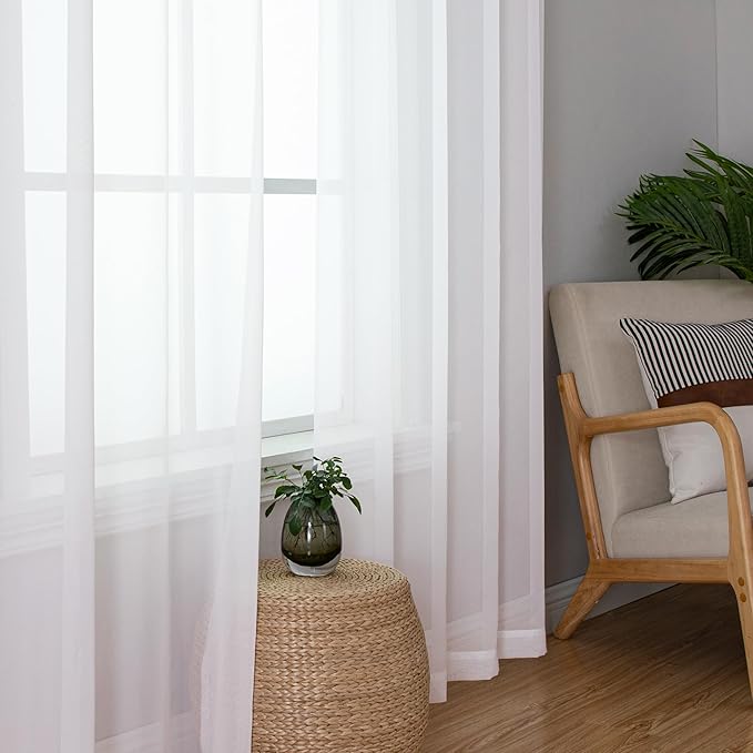 Lecloud White Sheer Curtains 48 Inch Length 2 Pcs, Light Filtering Voile Bathroom Curtains for Bedroom Basement Living Room, Farmhouse Window Treatments Rod Pockets Drapes, Each Panel 42" W x 48" L