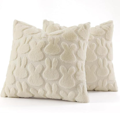 decorUhome Easter Bunny Pillow Covers 18x18 Inch Set of 2, Soft Plush Faux Wool Jacquard Beige Rabbit Cushion Covers, Farmhouse Neutral Spring Easter Holiday Decor for Couch Sofa Bed