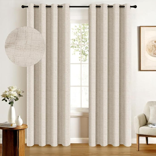 100% Blackout Shield Linen Blackout Curtains for Bedroom, Butter Cream Grommet Curtains for Living Room, Thermal Insulated Room Darkening Drapes for Nursery, Boho Home Decor, 50" W x 63" L, 2 Panels