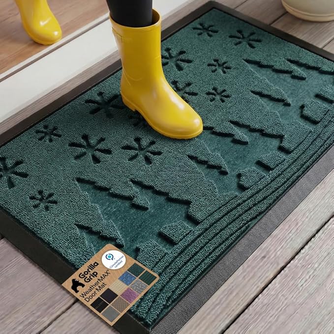 GORILLA GRIP 100% Waterproof All-Season WeatherMAX Doormat 35x23, US Designed Natural Rubber, Stain and Fade Resistant, Low Profile Indoor Outdoor Door Mats, Easy Clean Patio Mat, Green Snowscape