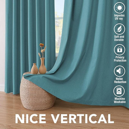 H.VERSAILTEX Linen Blackout Curtains 72 Inches Long 100% Absolutely Blackout Thermal Insulated Textured Linen Look Curtain Draperies Anti-Rust Grommet, Energy Saving with White Liner, 2 Panels, Teal