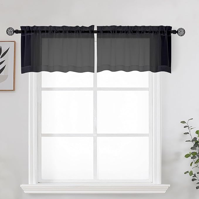 OWENIE Black Sheer Kitchen Valance for Windows Set of 2, Small Modern Rod Pocket Voile Valance Curtain Window Treatment Decor for Living Room Bathroom Cafe Laundry Basement, 42" W x 14" L