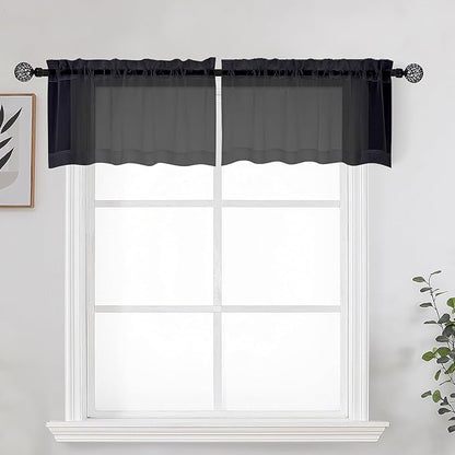 OWENIE Black Sheer Kitchen Valance for Windows Set of 2, Small Modern Rod Pocket Voile Valance Curtain Window Treatment Decor for Living Room Bathroom Cafe Laundry Basement, 42" W x 14" L