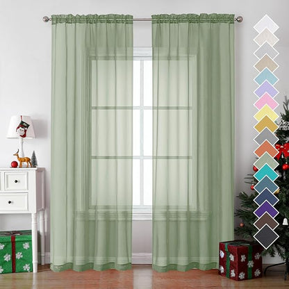 OVZME Sage Green Sheer Curtains 78 Inches Long 2 Panels - Soft Light Filtering Window Sheer Panels for Living Room/Bedroom, Top Dual Rod Pocket, 1 Pair, Each 42Wx78L Inches