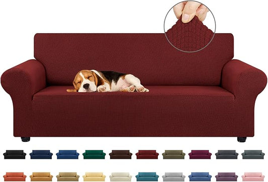 KEKUOU Stretch Sofa Cover Slipcover ，Couch Covers for 3 Cushion Couch Sofa pet Friendly (78"-94") Furniture Protector Sofa with Elastic Bottom for Kids,Dog, Jacquard Small Checked(Large,Dark Red)