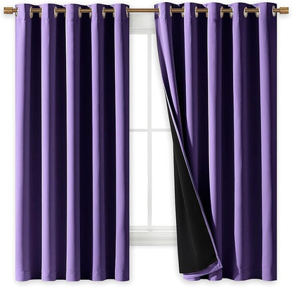 NICETOWN 100% Blackout Curtains with Black Liners, Thermal Insulated Full Blackout 2-Layer Lined Drapes, Energy Efficiency Window Draperies for Bedroom (Lilac Purple, 2 Panels, 70-inch W by 63-inch L)