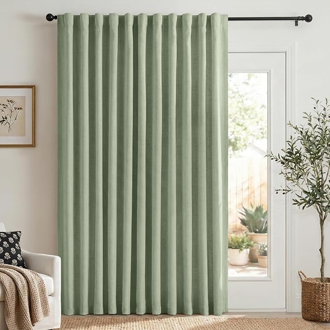 100% Blackout Shield Linen Blackout Curtains for Bedroom 90 Inches Long, Back Tab/Rod Pocket Living Room Drapes, Thermal Insulated Blackout Curtains 1 Panel Set, 100" W x 90" L, Sage